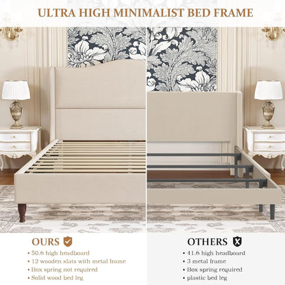 Neche Queen Upholstered Bed Frame with 51" Tall Headboard Classic Curved Wingback Platform Bed with Soft Fabric, Retro Simple Sleigh Bedframe No Box Spring Needed/Easy Assembly, White