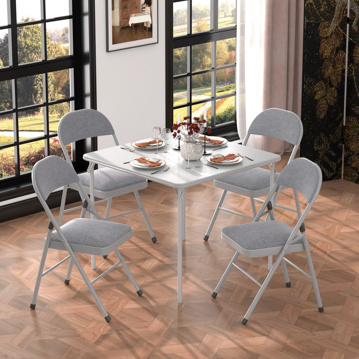 VECELO Set of 4 Folding Chairs, Fabric Dining Chair Set with Padded Cushion and Back, Indoor Outdoor Upholstered Seat with Metal Frame for Home Office Events Wedding Party, Orange