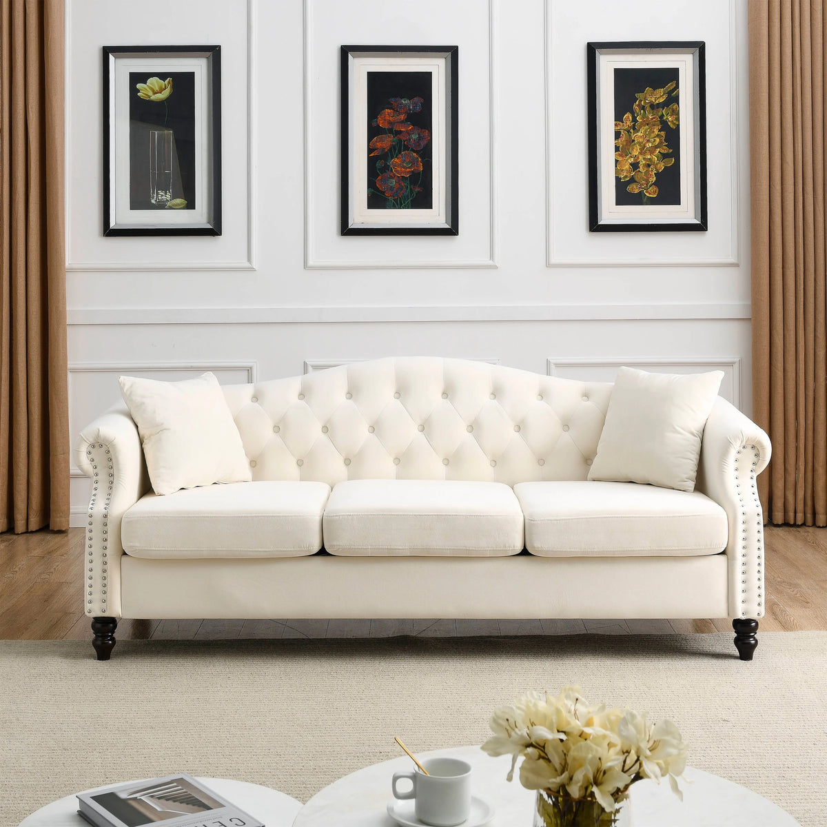 Chesterfield Upholstered Velvet Sofa, 3 Seater Button Tufted Couch with Nailhead Arms for Living Room Bedroom Office Apartment