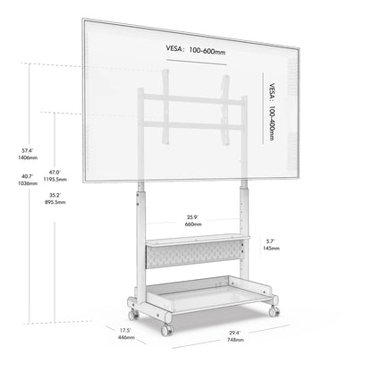 FITUEYES Rolling TV Stand with Wheels for 40-85 inch TVs, Height Adjustable Mobile TV Stand TV cart with Wooden Large Storage,White