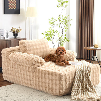 Ktaxon 68" Lounge Chair, Bubble Fleece Fabric Sofa Bed, Boneless Sleeper Chaise with Removable Backrest & Pillow-Top Armrests for Living Room White
