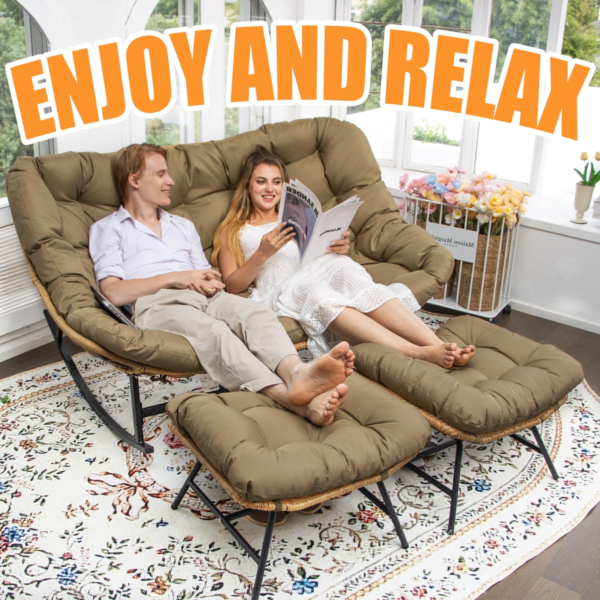 RADIATA Beige Double Outdoor Rocking Chair, 2 Person Patio Rocking Egg Chair with Thick Cushion