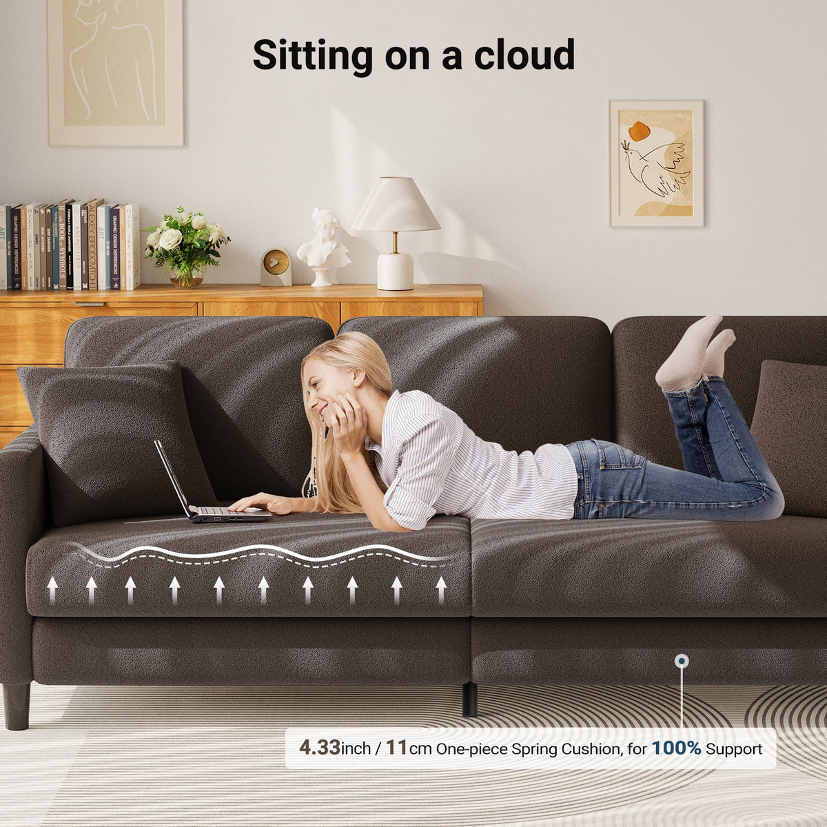 83" Comfortable Upholstered Sofa, 3 Seater Couch for Living Room, Neche Big Loveseat with Extra Deep Seats , 2 Pillows, Beige White