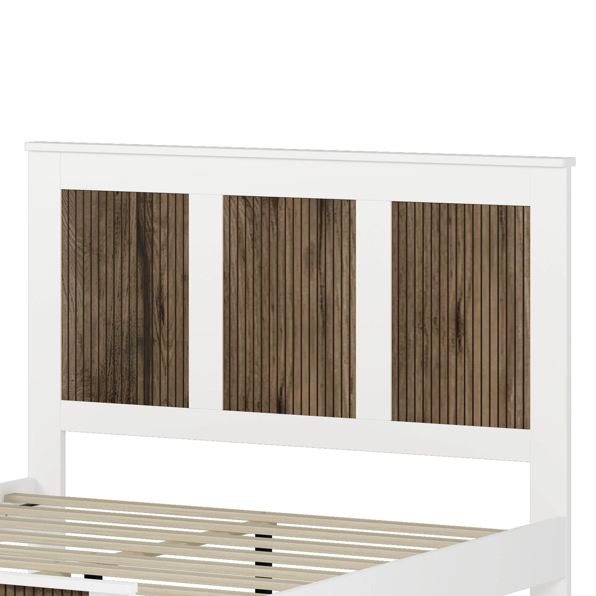 4-Pieces Bedroom Sets, Queen Size Farmhouse Platform Bed with Wooden Strip Stickers Decoration, Storage Nightstand and Dresser with Metal Handle, White