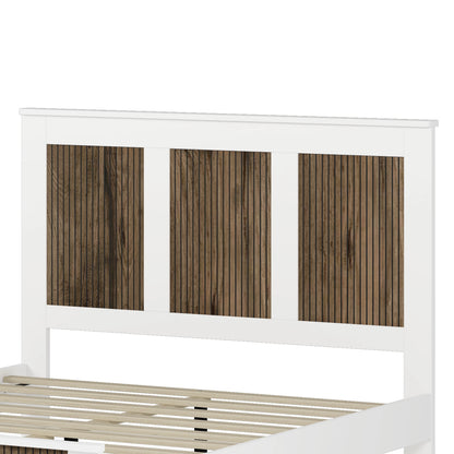 4-Pieces Bedroom Sets, Queen Size Farmhouse Platform Bed with Wooden Strip Stickers Decoration, Storage Nightstand and Dresser with Metal Handle, White