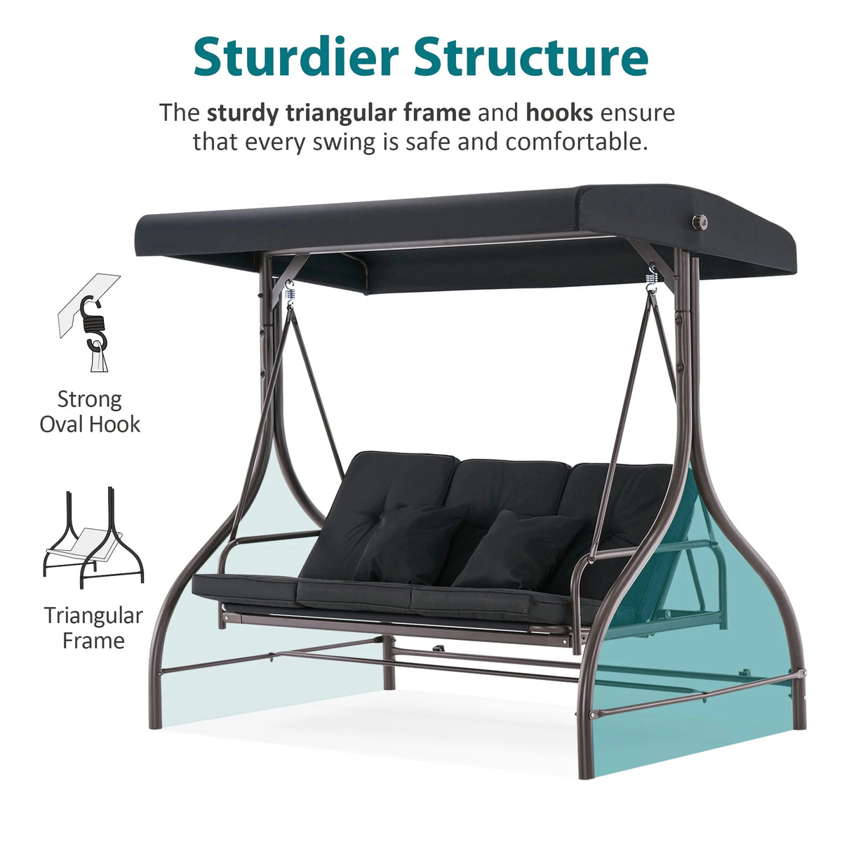 MCombo 3-Seat Outdoor Patio Swing Chair Cushioned with Adjustable Backrest and Canopy, Pillow, Brown