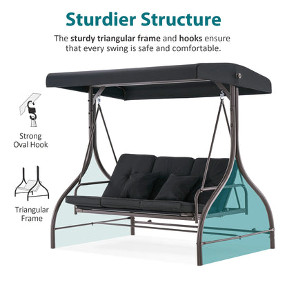 MCombo 3-Seat Outdoor Patio Swing Chair Cushioned with Adjustable Backrest and Canopy, Pillow, Brown