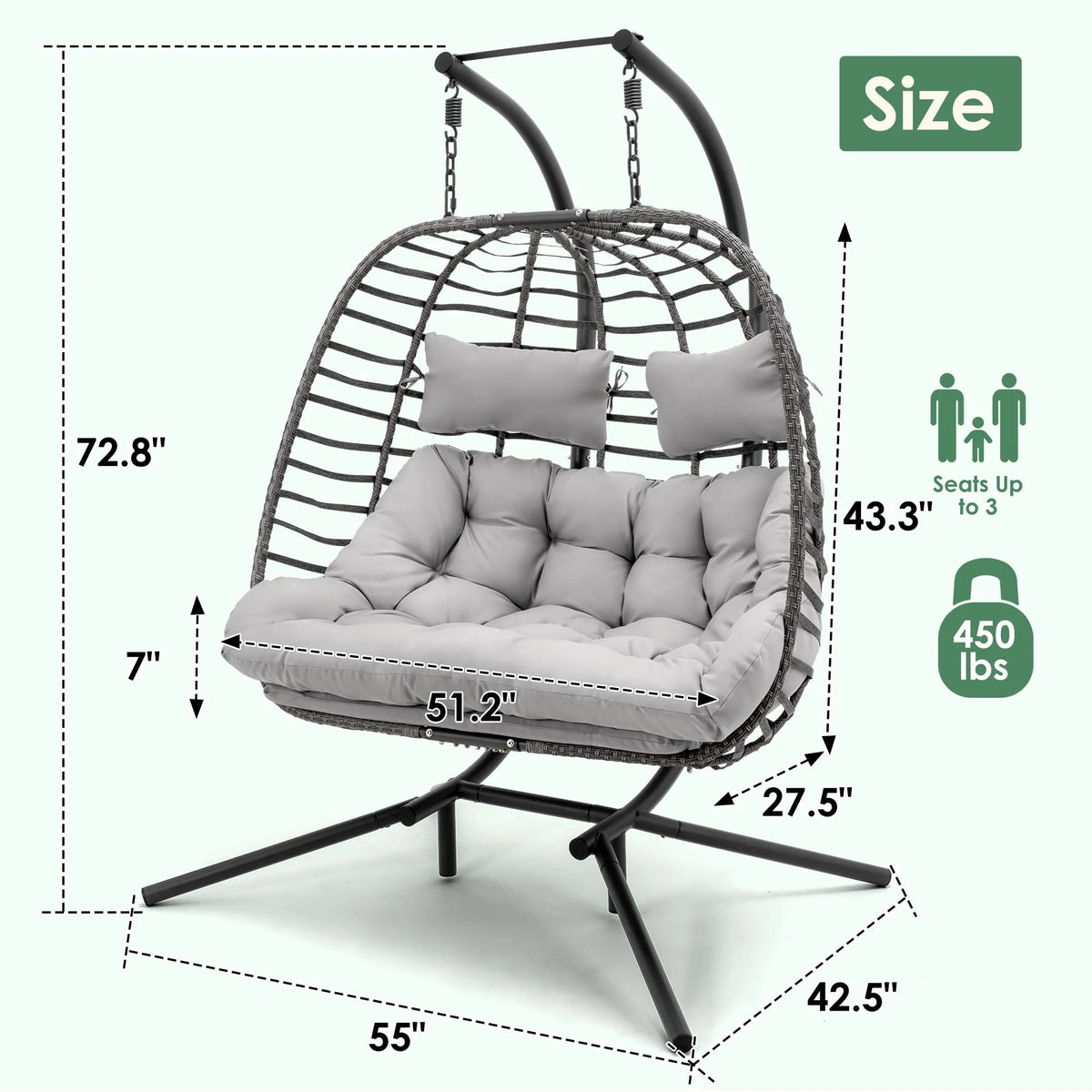 Brafab 2 Person Swing Egg Chair with Sturdy Stand and Fluffy Cushion, Large Double Hand-Woven Wicker Rattan Hanging Egg Chairs, Porch Swing Loveseat 500LBS Capacity for Indoor Outdoor, Light Grey