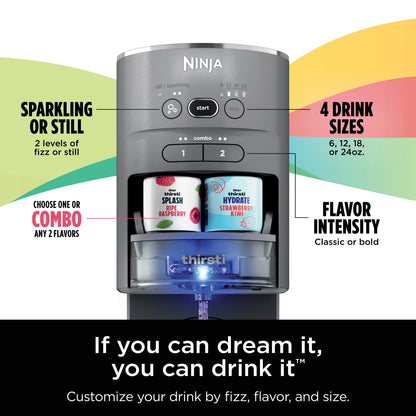 Ninja Thirsti Drink System Complete Still and Sparkling Customization Drink Kit with CO2 Canister, Flavors, and 48oz Reservoir