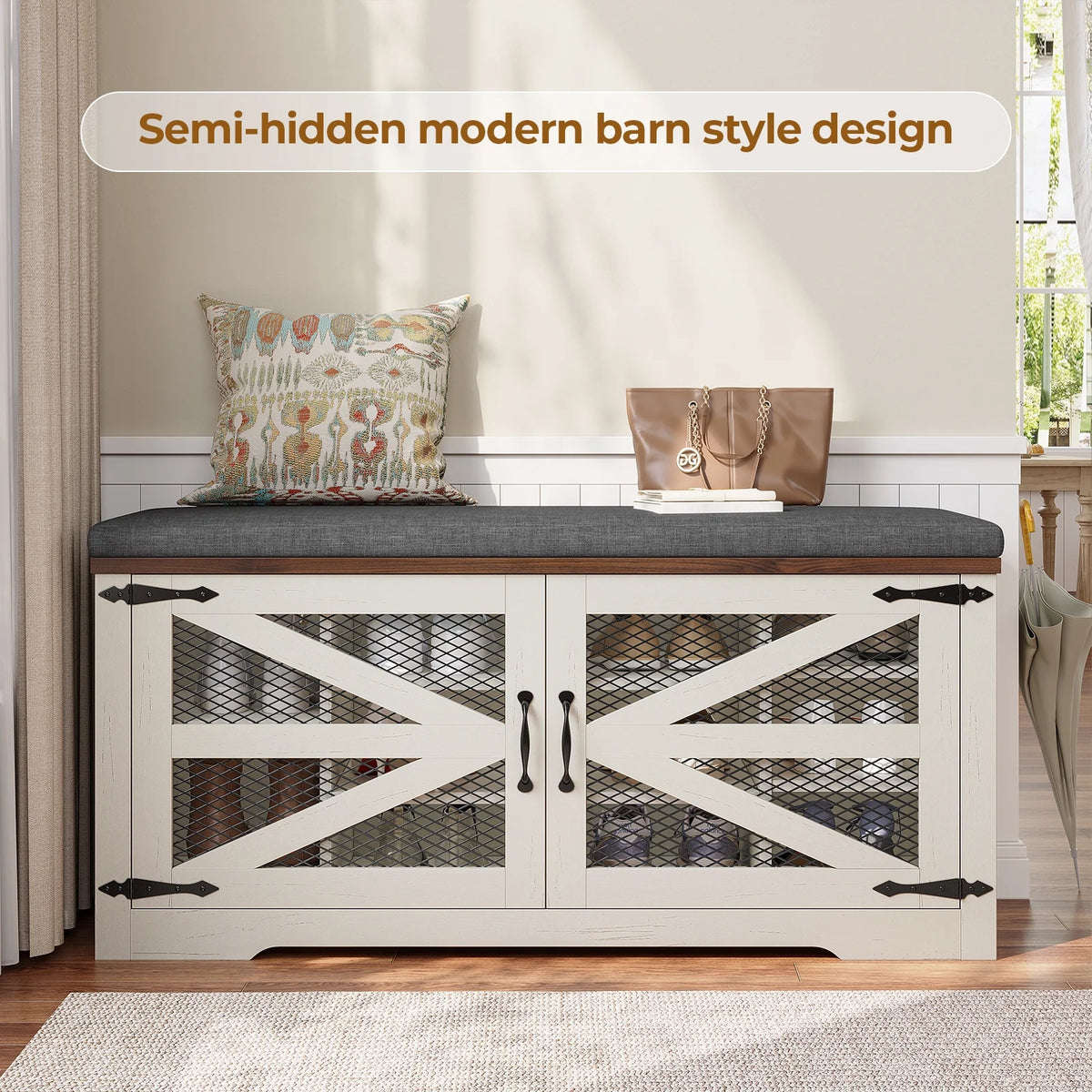 Farmhouse Storage Bench with Cushion, 31.4in Shoe Cabinet with Metal Barn Door and Half Hidden Storage Space for Entryway, Bedroom, Living Room, Old White
