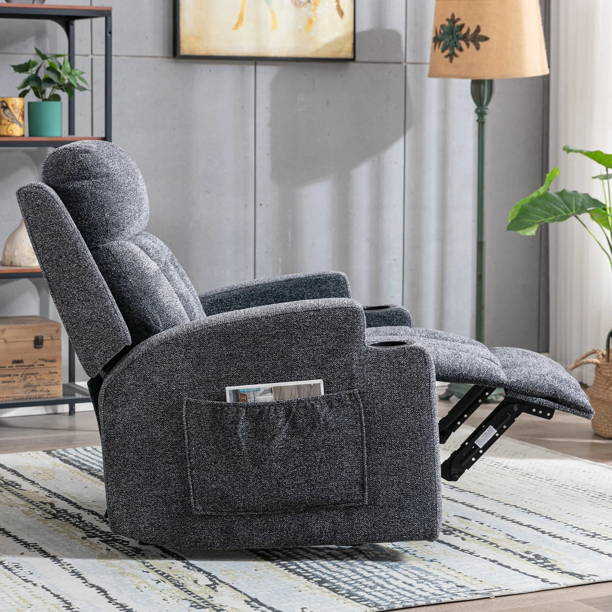 Bonzy Home Heated Manual Massage Recliner with Cup Holder Padded Breathable Fabric Recliner, Home Theater Seating��Navy