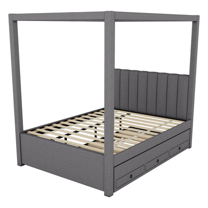 EUROCO Upholstered Full Size Canopy Bed Frame with Trundle Bed and 3 Drawers, Platform Bed with Headboard for Kids Teens Adults, Beige