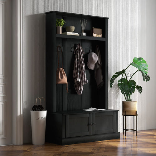 HOMCOM Hall Tree, Entryway Bench w/ Coat Rack, Shoe Cabinet, Black