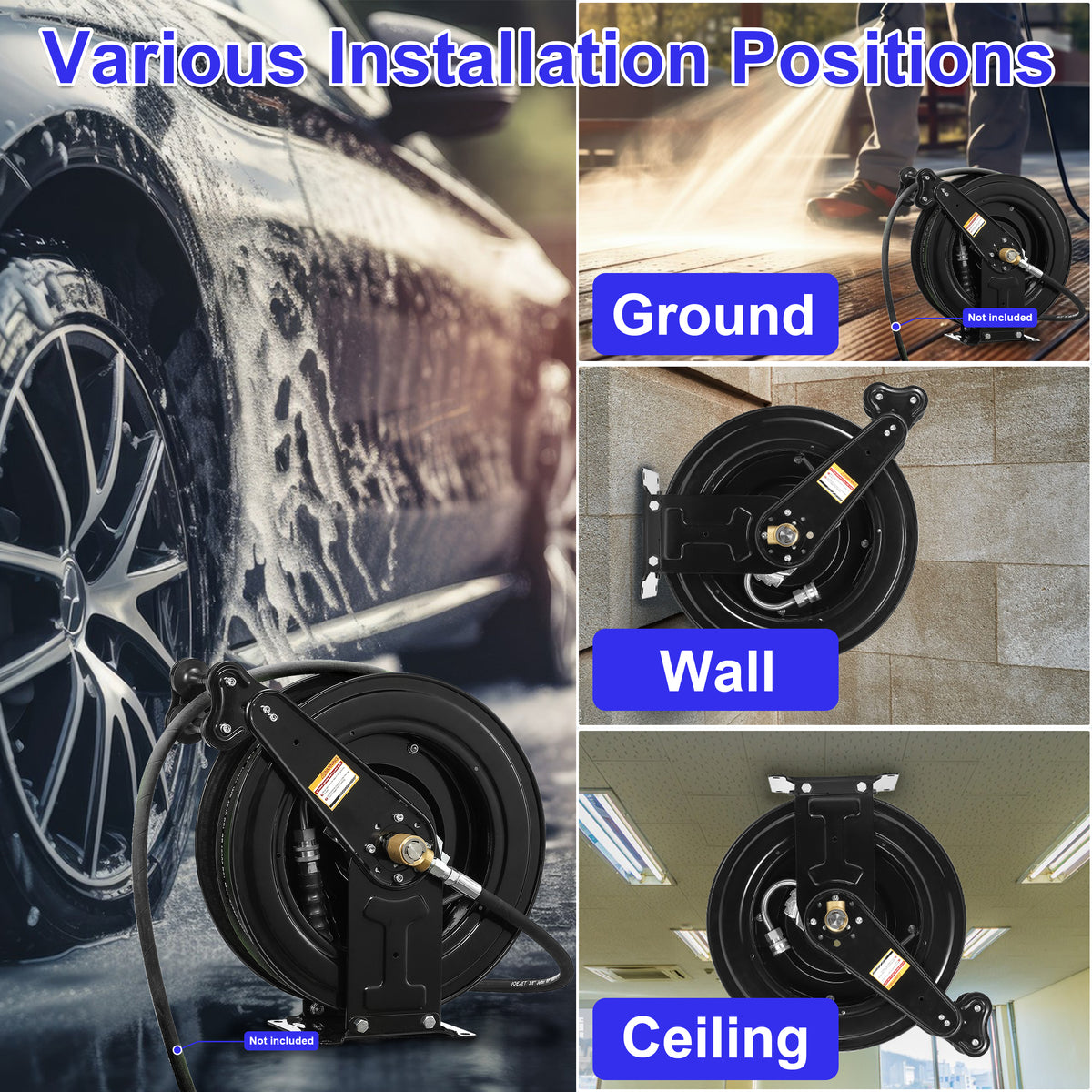 Auto-Retractable Pressure Washer Hose Reel, 50FT x 3/8" Heavy Duty Steel Power Washer Hose Reel Dual Arm, 4000 PSI