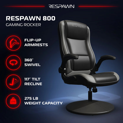 RESPAWN 800 Swivel Rocker Gaming Chair - Ergonomic Floor Gaming Seat with Lumbar Support, Flip Up Armrest, High Back, Pedestal Base, Comfortable No Wheels Console Video Game Rocker Chair - Red