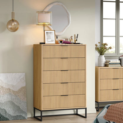 Furnihold 6 Drawer Rattan Dresser for Bedroom, Wooden Dresser Chest of Drawers, Storage Organizer for Closet, Beside Table for Living Room, Entryway