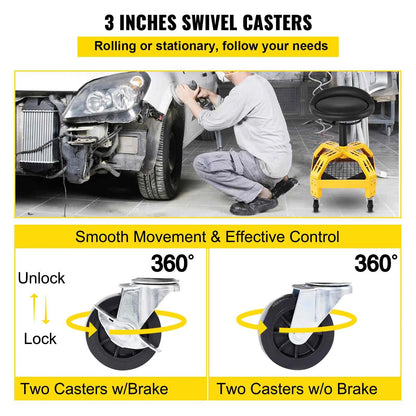 BENTISM Rolling Garage Stool, 300lbs Capacity, Adjustable Height from 24 in to 28.7 in, Mechanic Seat with 360-degree Swivel Wheels and Tool Tray, for Workshop, Auto Repair Shop, Yellow
