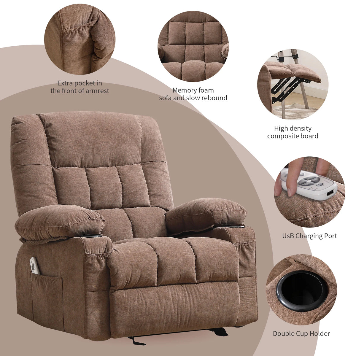 JONPONY Massage Swivel Rocker Recliner Chair with Vibration Massage and Heat Ergonomic Lounge Chair for Living Room with Rocking Function and Side Pocket, 2 Cup Holders, USB Charge Port,Grey