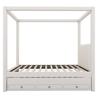 Harper & Bright Designs Twin Size Upholstery Canopy Platform Bed with Trundle and 3 Storage Drawers, Captain Platform Bed Frame with 4-Poster Canopy Roof, Beige