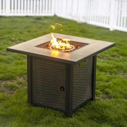 Nuu Garden Square 30" Outdoor Propane Fire Pit Table, 50,000 BTU Gas Fire Pit with Lid, Hand-Woven Wicker, with Glass Beads and CSA Certification