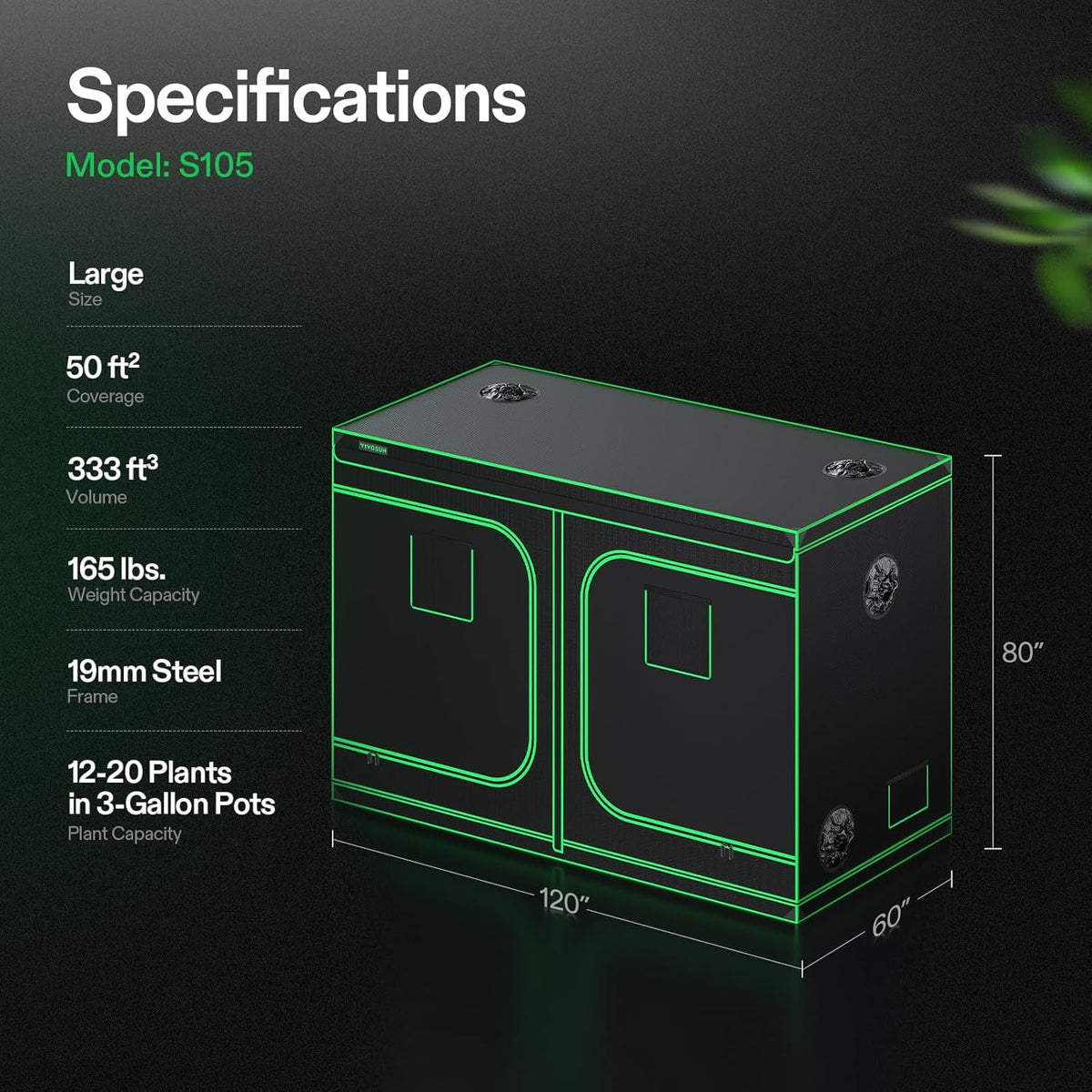VIVOSUN S105 10x5 Grow Tent, 120"x60"x80" High Reflective Mylar with Observation Window and Floor Tray for Hydroponics Indoor Plant for VSF6450