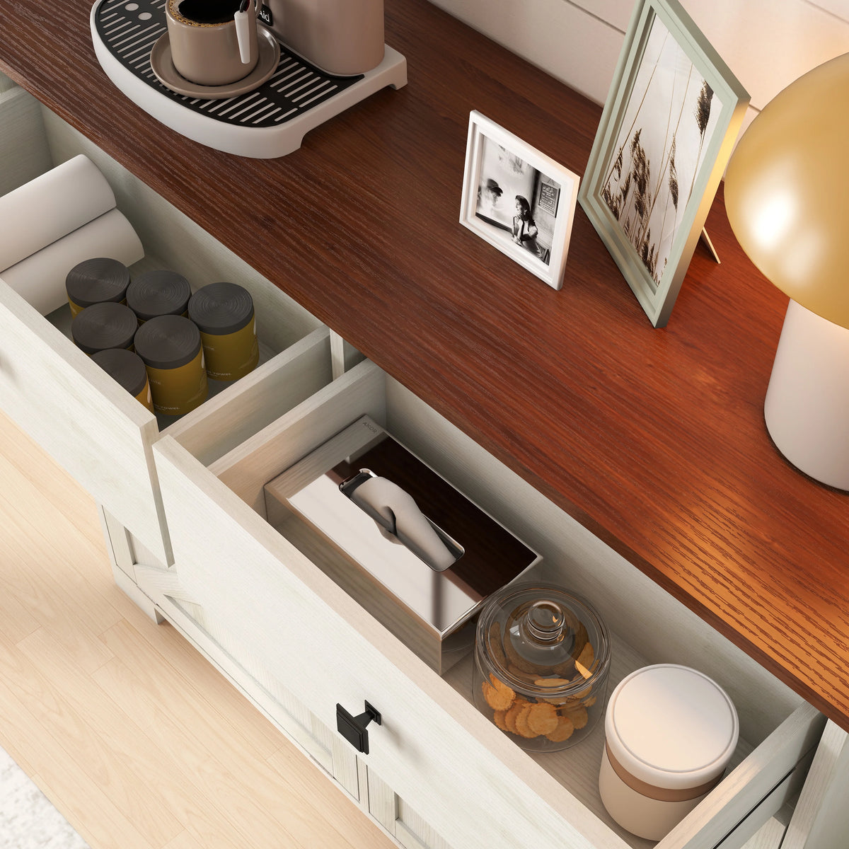 TrumanPick 61"H Large Buffet Sideboard Cabinet, TV Cabinet, Kitchen Pantry for Dining Room, Living Room, 61.3''L x 15''W x 29.8''H, White/Walnut