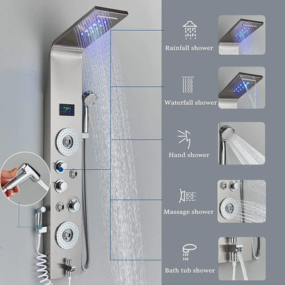 Shower Panel Tower System LED Rain&Waterfall Massage Jet Sprayer Stainless Steel