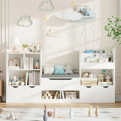 Hiphuta 72"Wide Kids Bookcase with Reading Nook and Under Bench Storage, Wooden Toy Storage Organizer & Book Rack for Kids Room, White