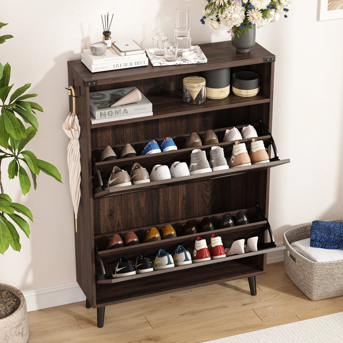 Veanerwood Shoe Cabinet with 2 Flip Drawers Farmhouse Shoe Storage Cabinet Organizer for Entryway, Gray