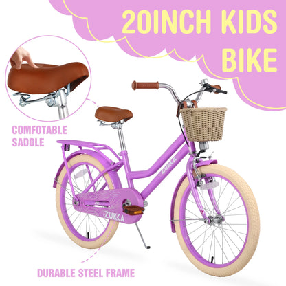 Girls Bike with Basket for Kids 7-10, 20" Kids' Bicycles Leather Saddle & Safety Bell, Pink