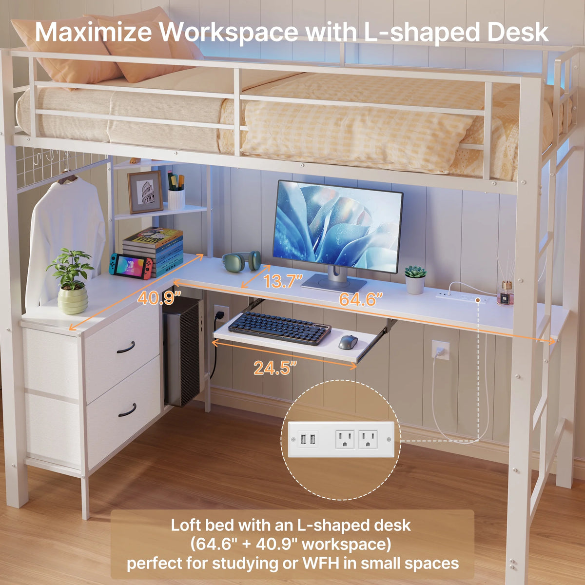 Lofka Twin Loft Bed with L-Shaped Desk, RGB Lights & Charging Station, 400lb Capacity Metal Frame, 3 Shelves & 2 Drawers, Easy Assembly��White
