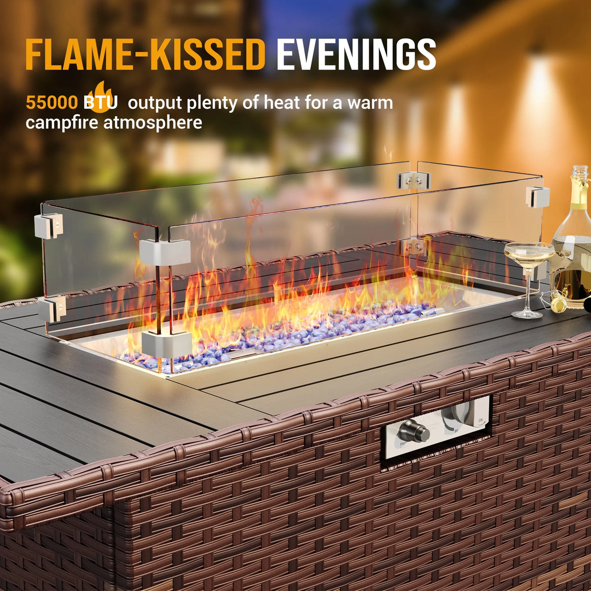 MRUAKA 8 Pieces Patio Furniture Set with Fire Pit Table, Outdoor Furniture Sectional Rattan Sofa with Slanted Back, Patio Couch with Glass Coffee Table for Backyard Garden (Dark Grey)
