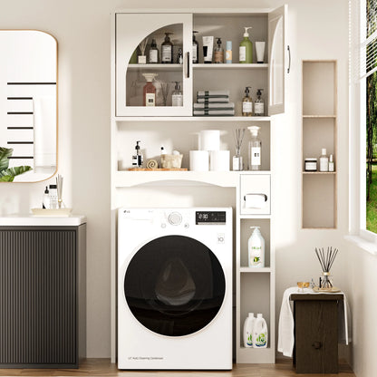 HARIPUL Over The Toilet Storage Cabinet w/ Unique Wood Grain & Arc Design, Freestanding Bathroom Shelf Organizer Space Saver w/ Doors & Anti-Tip Device, Wood Color