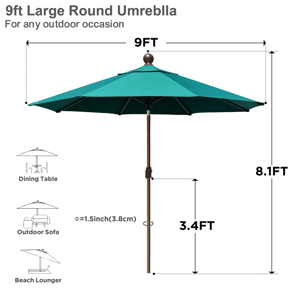 EliteShade 9Ft Market Umbrella Patio Outdoor Table Umbrella��Teal��