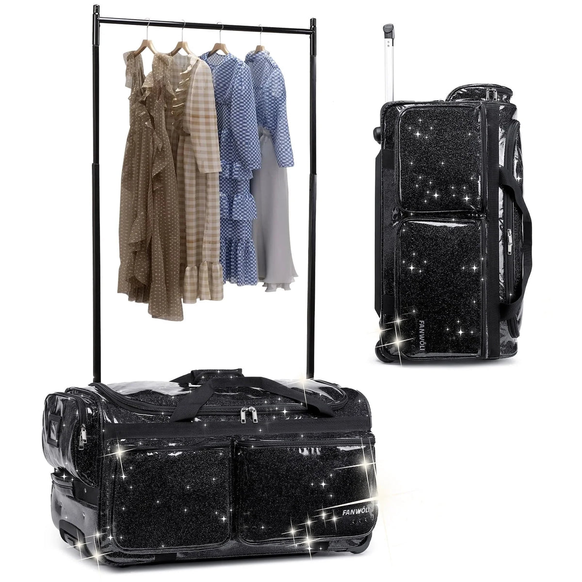 Dance Bag with Garment Rack,23"Glitter Rolling Dance Competition Bag with Organizer Bag, Collapsible Dance Travel Bag Suitcase for Dancers Performer Artist,Pink