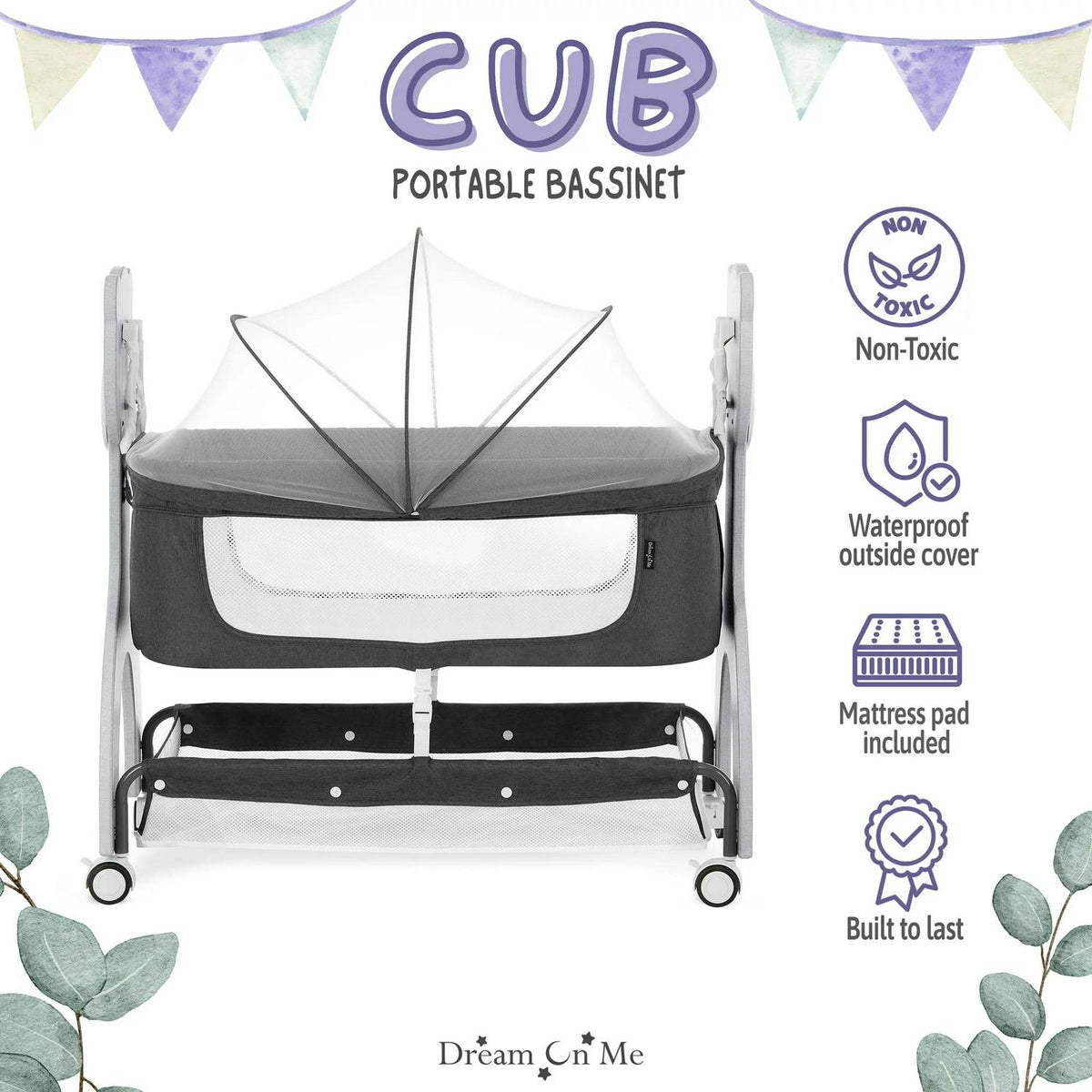 Dream on Me Cub Portable Bassinet in Dark Grey. Multi-Use Baby Bassinet with Locking Wheels