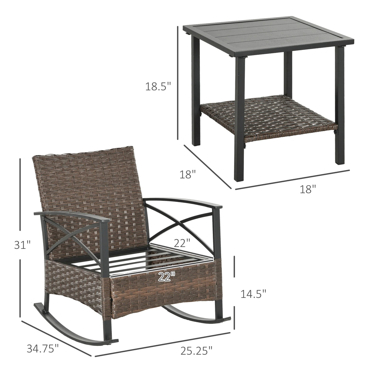 Outsunny 3pc Rocking Chair Set w/ Cushions, Wicker Bistro Set, Blue