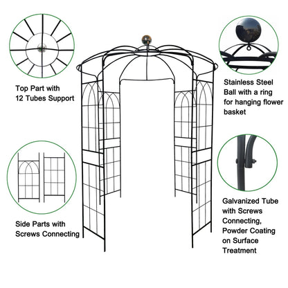 French Birdcage Gazebo with Metal Arch Trellis for Wedding Photography & Garden Decor, Sturdy Galvanized Steel, Black