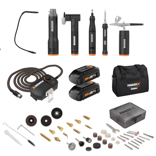 Worx MakerX WX996L 6 Tool Kit: Rotary Tool, Wood & Metal Crafter, Air Brush, Hot Air Blower, Grinder and LED Flex Light in Carry Bag