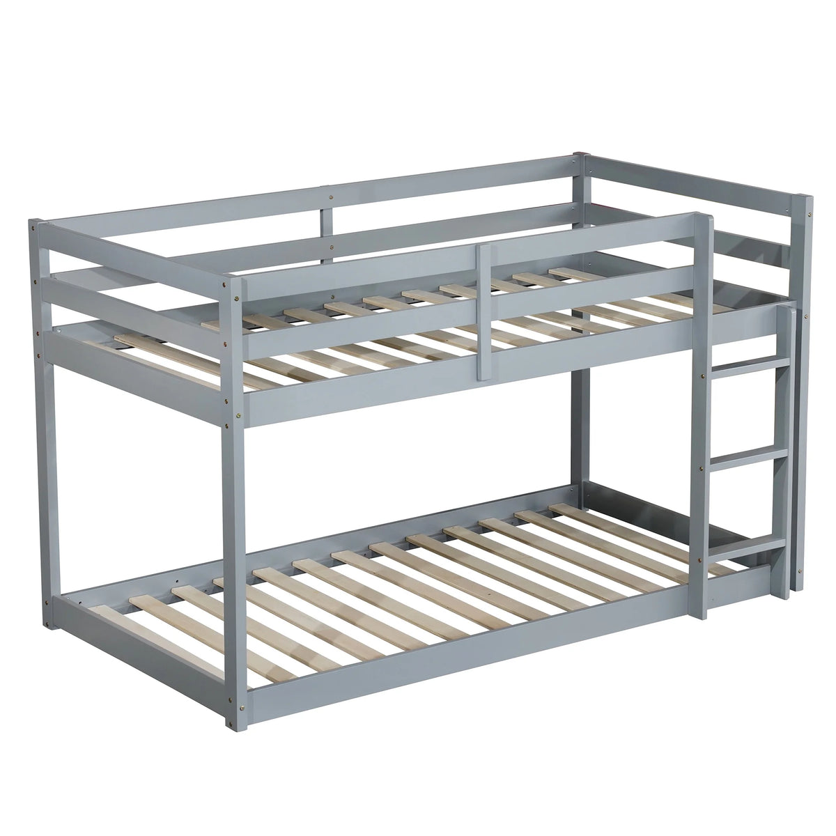 Twin Over Twin Floor Bunk Bed, UHOMEPRO Solid Wood Low Bunk Bed with Safety Rail, Ladder, Heavy Duty Bunk Beds, Space-Saving Bedroom Dorm Furniture, Gray