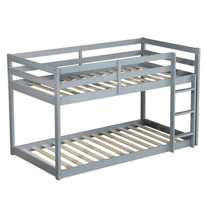 Twin Over Twin Floor Bunk Bed, UHOMEPRO Solid Wood Low Bunk Bed with Safety Rail, Ladder, Heavy Duty Bunk Beds, Space-Saving Bedroom Dorm Furniture, Gray