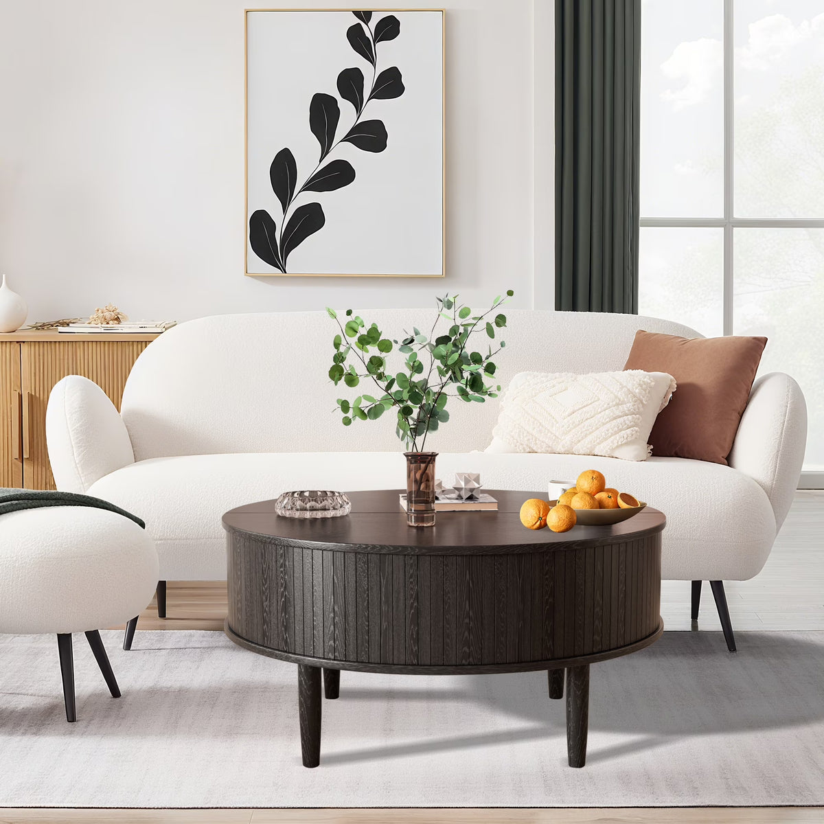 Oubayajia Round Coffee Table, Small Fluted Lift Top Center Table for Home Living Room Office, Walnut