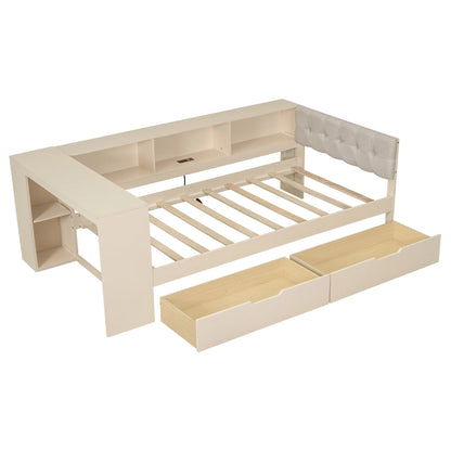 Euroco Wood Twin Size Platform Bed with Desk and Shelves, Drawers and USB Charging for Kids, Cream