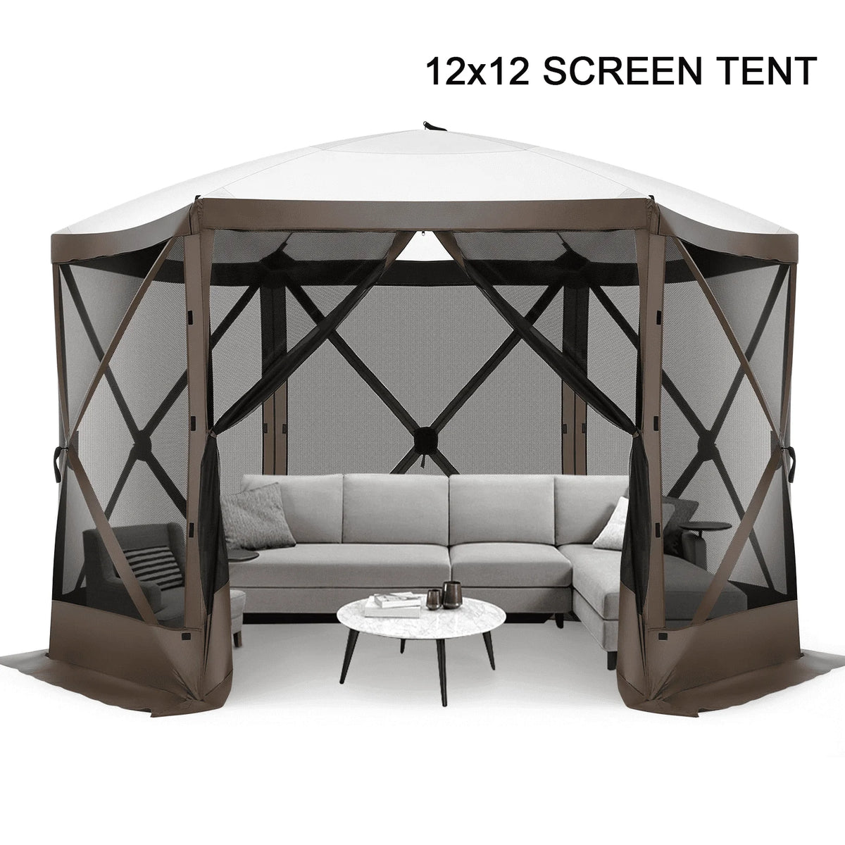 COBIZI 12'x12' Pop-up Gazebo Outdoor Camping Tent with 6 Sides Mosquito Netting, Waterproof, UV Resistant, Portable Screen House Room, Easy Set-up Party Tent with Carry bag, Ground Spike, Brown