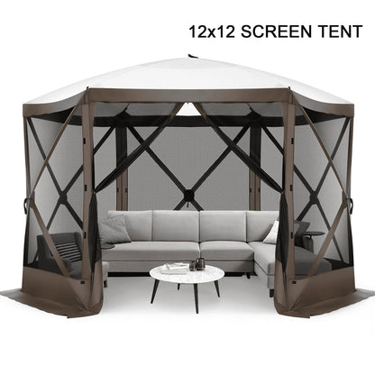 COBIZI 12'x12' Pop-up Gazebo Outdoor Camping Tent with 6 Sides Mosquito Netting, Waterproof, UV Resistant, Portable Screen House Room, Easy Set-up Party Tent with Carry bag, Ground Spike, Brown