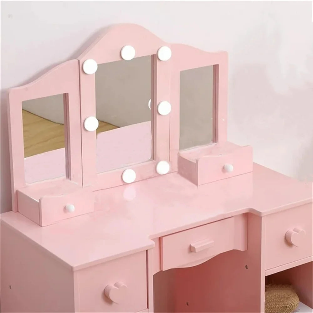 Zzistar Kids Vanity Table Set with Light, Tri-Folding Mirror, 5 Drawers and Square Stool, Wood Makeup Desk Dressing Table with Open Storage Shelves and Detachable Top