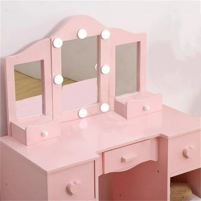 Zzistar Kids Vanity Table Set with Light, Tri-Folding Mirror, 5 Drawers and Square Stool, Wood Makeup Desk Dressing Table with Open Storage Shelves and Detachable Top