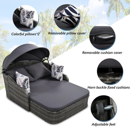 Outdoor Sun Lounger With Adjustable Canopy And Relaxing Pillow - Pe Black Blue Cushion 79.9" Daybed Cozy