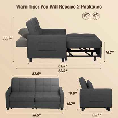 Sofa Bed, Lofka 3-in-1 Convertible Sleeper Sofa with Storage, Adjustable Backrest & Pull Out Function - Sleeper Chair for Small Space, Apartment, Dark Grey