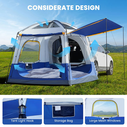 MOPHOTO SUV Tents for Camping 4 People, PU 3000mm Waterproof SUV Tent Attachment Tailgate Tent for Car Jeep Van, Spacious Space 8.2'L x 8.2'W x 7.2'H with 2 Awnings & Double Door